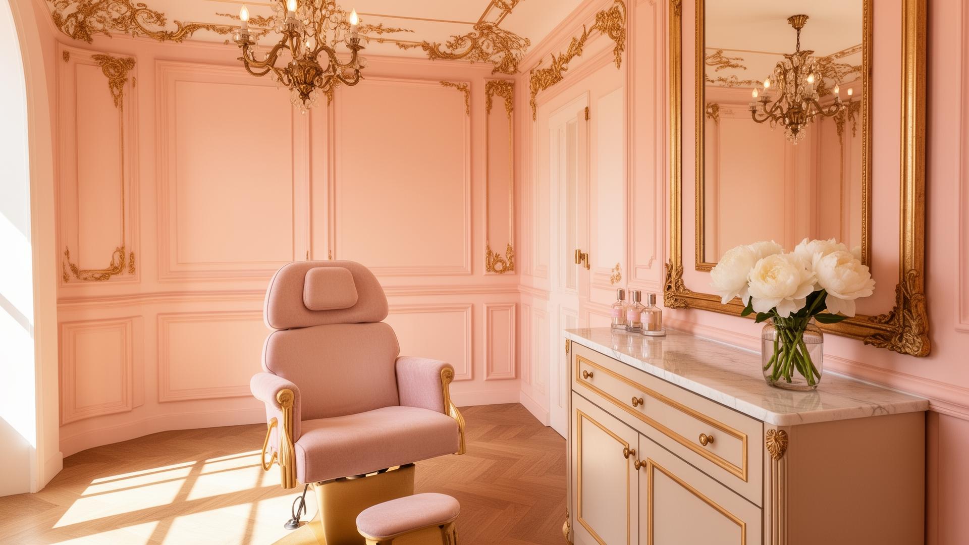 Inside the Donya Beauty studio with blush walls and antique gold accents